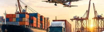 Container ship, haulage trucks and aircraft at a logistics hub